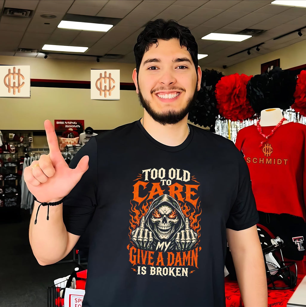 Too old to care my give a damn is broken skull middle finger vintage shirt