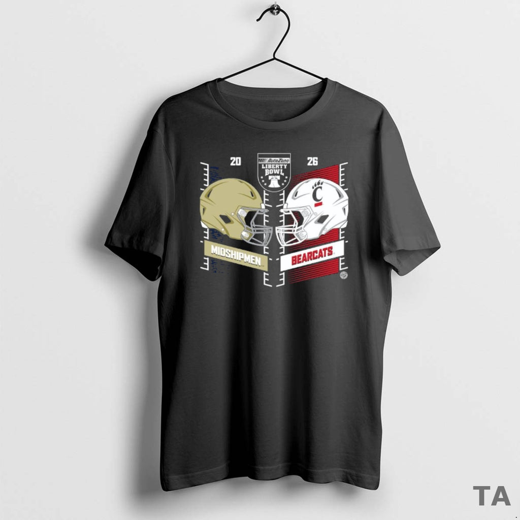 Top Navy Midshipmen Vs Cincinnati Bearcats 2025 Liberty Bowl Dueling Helmet T Shirt Sweater Hoodie, Sweatshirt