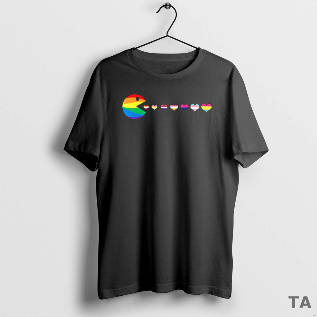Top Pacman Pride Flags Heart Gay Parody Classic Video Game T Shirt Sweater Hoodie, Sweatshirt | TeeBloomCo.com