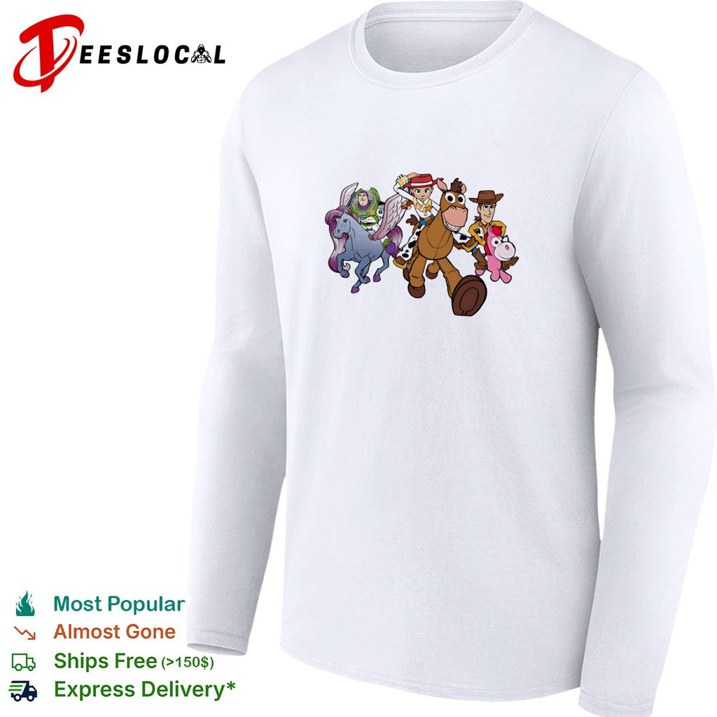 Toy Story Buzz Jessie Bullseye Woody and unicorn toy running shirt