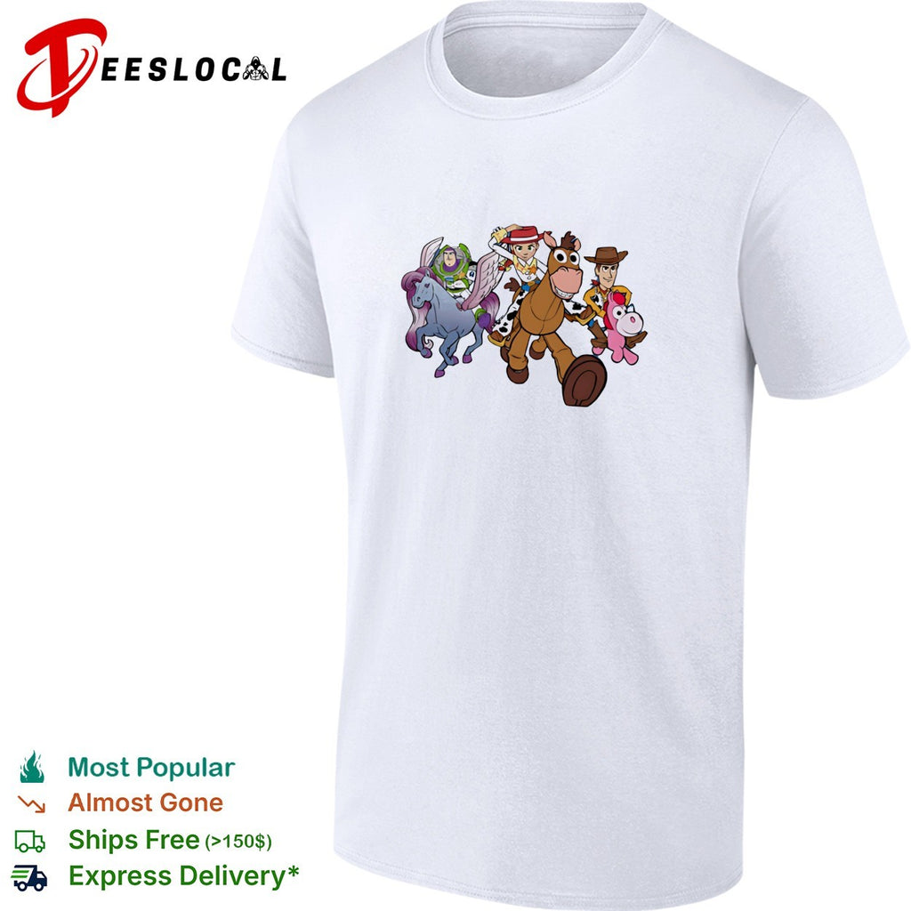 Toy Story Buzz Jessie Bullseye Woody and unicorn toy running shirt