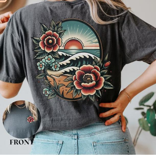Traditional Floral Beach Sunset Tshirt, Beach Vacation Shirt, Women's Mother's Day Birthday Gift for Her, Beach Lover Tee...