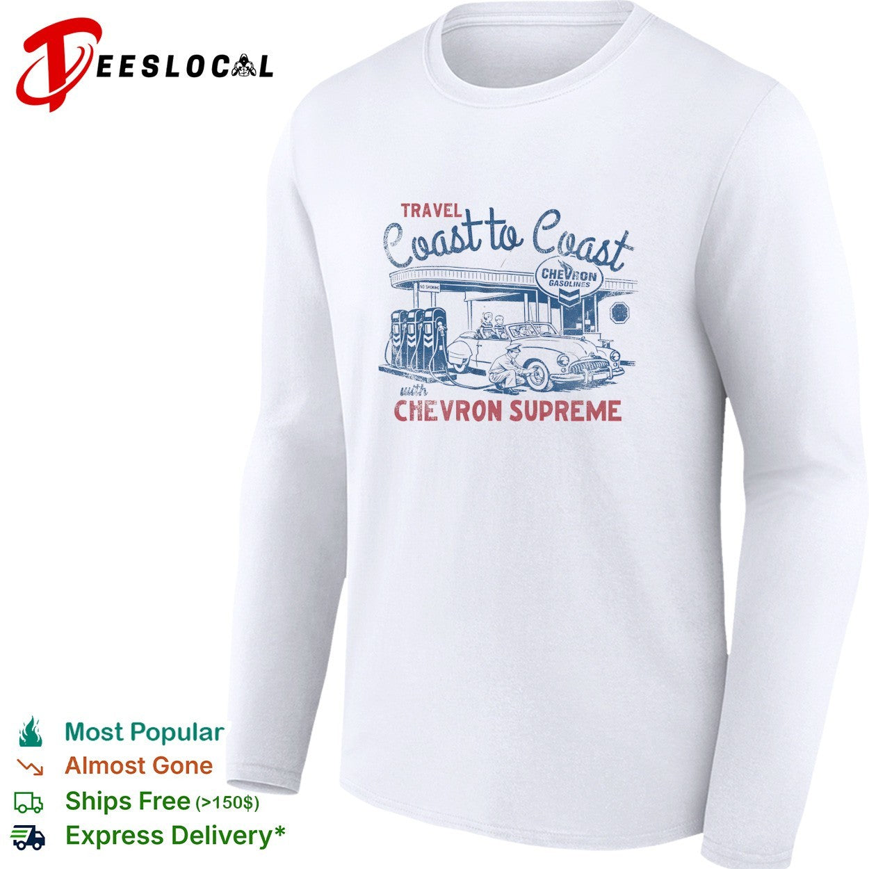 Travel coast to coast with Chevron Supreme gasolines service station retro shirt