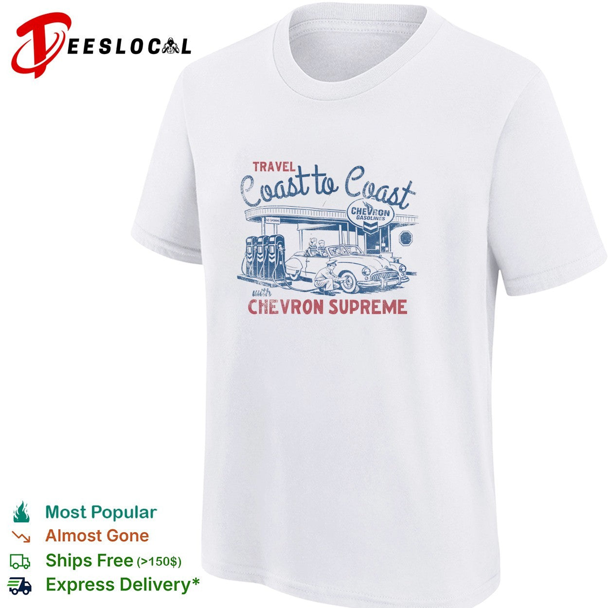 Travel coast to coast with Chevron Supreme gasolines service station retro shirt