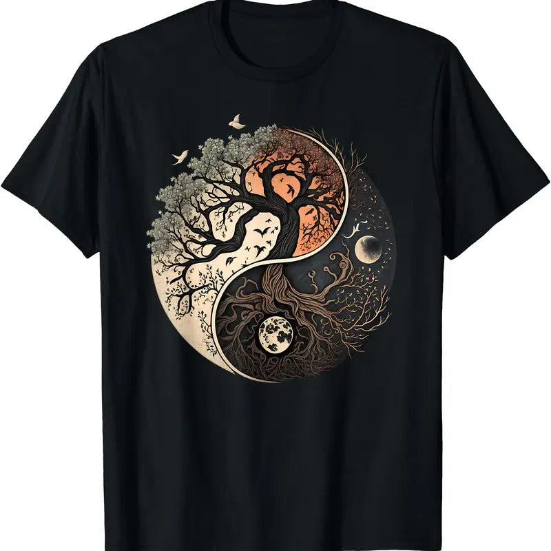 Tree of Life Yin Yang Black T-Shirt | Unisex Cotton Tee, Short Sleeve, Crewneck, Size S-5XL Hoodie, Sweatshirt