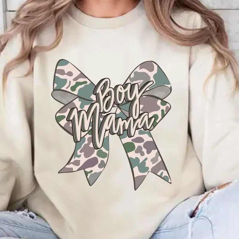 Trending Coquette Camo Bow Boy Mama Cozy Crewneck Sweatshirt, Camo Mama Boy Tee, Hunting Mom Shirt, Mother's Gift Hoodie