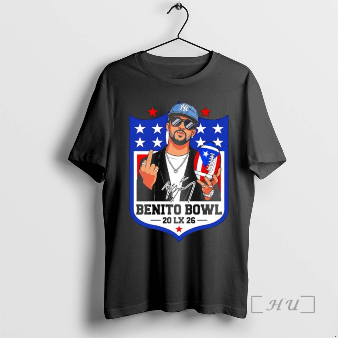 Trending Ewzensc2 Bad Bunny Middle Finger Im Here For The Benito Bowl 20 Lx 26 T-Shirts, Hoodie, Sweatshirt | TeeBloomCo.com