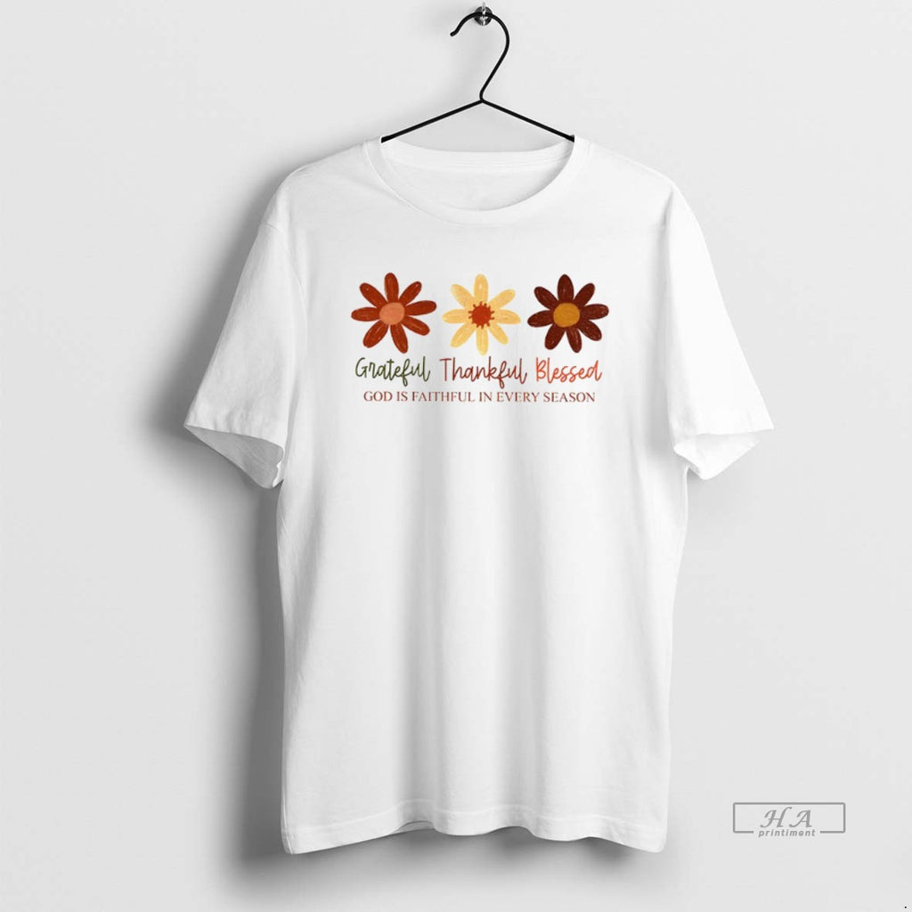 Trendy Boho Fall Floral Christian Grateful Thankful Blessed God Is Faithful In Every Season Tee