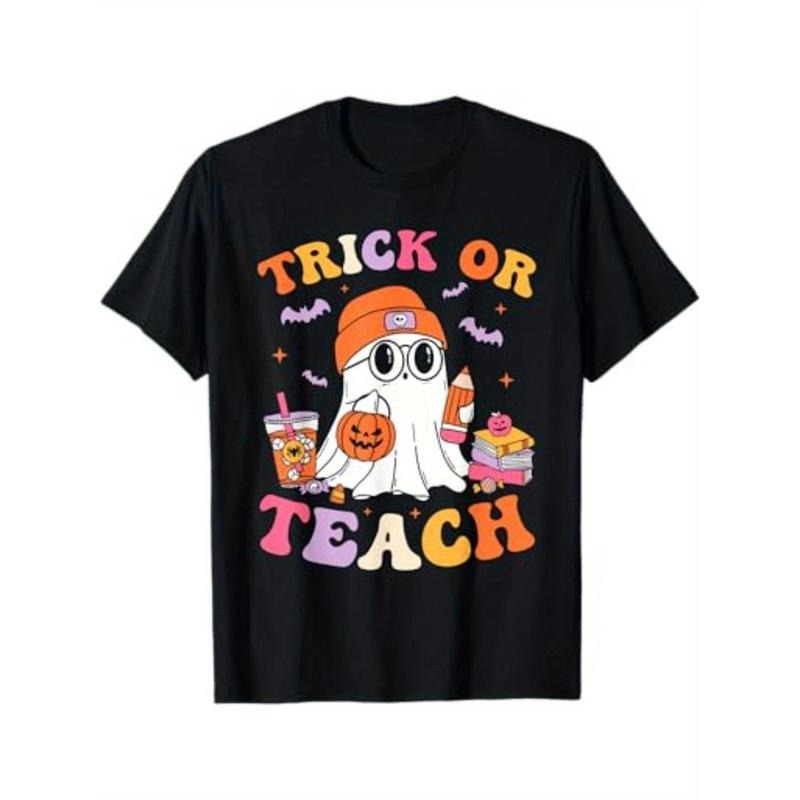 Trick Or Teach Groovy Teacher Halloween Retro Floral Ghost T-Shirt for Men Women, Unsex Soft Fabric, Breathable,...