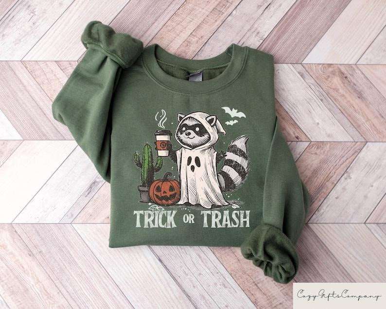 Trick Or Trash Sweatshirt, Ghost Raccoon Drinking Coffee Tshirt, Spooky Season Raccoon Tee, Halloween Raccoon Tshirt,...