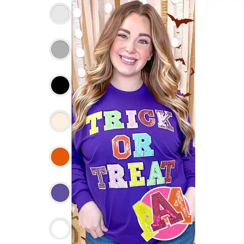 Trick or Treat Sequin Graphic Long Sleeve T-Shirt Hoodie, Sweatshirt | TeeBloomCo.com