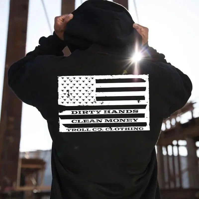 Troll Co Work Hard Dirty Hands Clean Money T-shirt Sweatshirt Hoodie, Trending Mechanic Unisex Shirt, USA Flag Back Side...