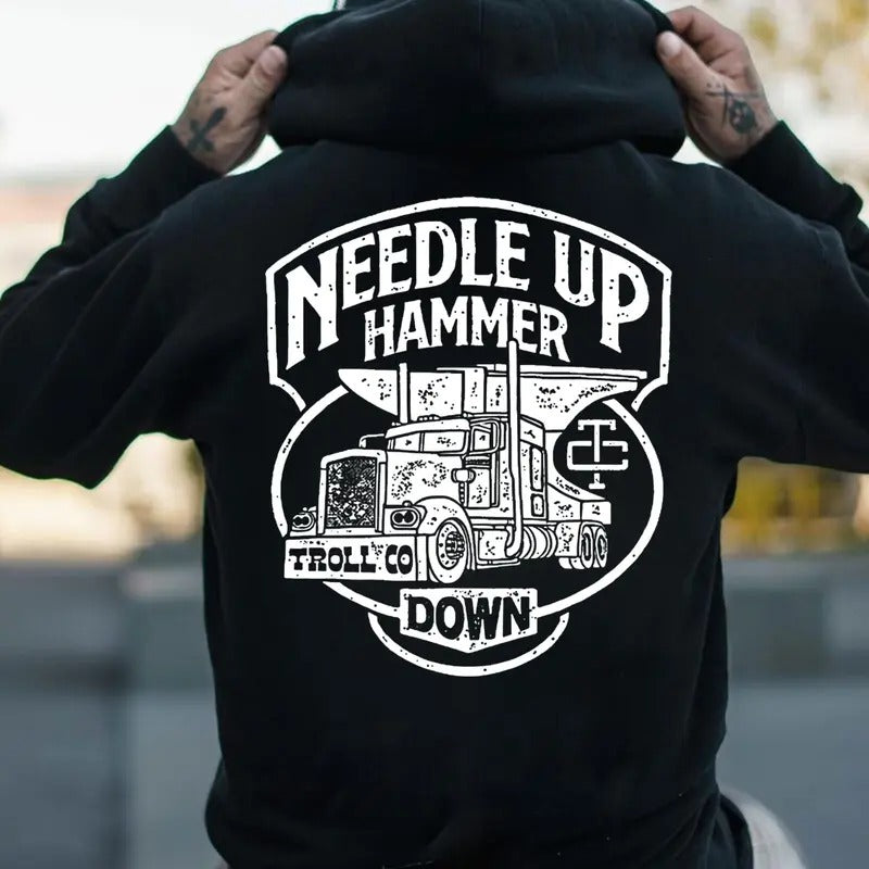Troll Co Work Needle Up Hammer Down T-shirt Sweatshirt Hoodie, Trending Mechanic Unisex Shirt, Back Side Printed Workwear...