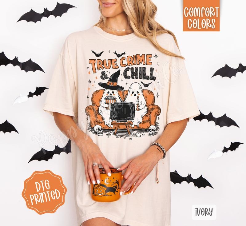 True Crime and Chill Shirt Comfort Colors, Trendy Halloween Tshirt Hoodie, Sweatshirt | TeeBloomCo.com