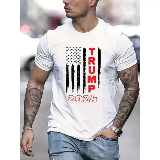 "Trump 2024" graphic print men's crew neck short sleeve cotton T-shirt, casual summer T-shirt for daily wear and vacation...
