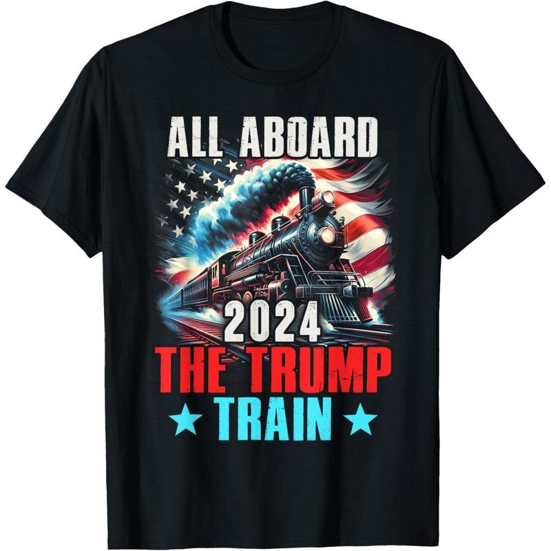 Trump 2024 All Aboard The Trump Train US American Flag T-Shirt made in usa Hoodie, Sweatshirt | TeeBloomCo.com