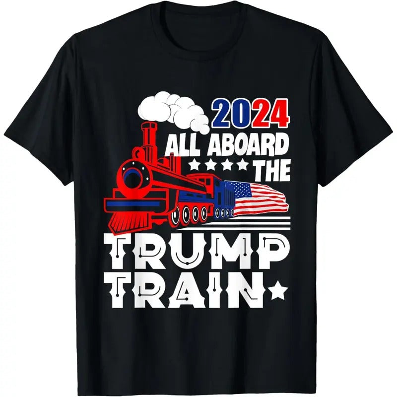 Trump 2024 All Aboard The Trump Train USA American Flag T-Shirt made in usa Hoodie, Sweatshirt | TeeBloomCo.com