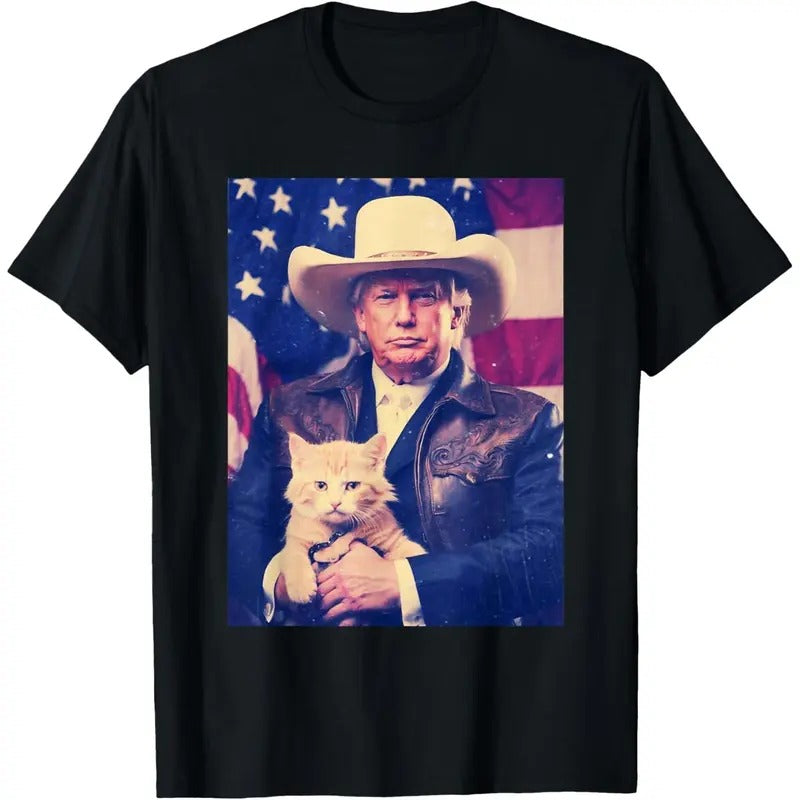 Trump Cat Shirt Funny Cowboy Donald Trump 2024 American Flag T-Shirt made in usa Hoodie, Sweatshirt | TeeBloomCo.com