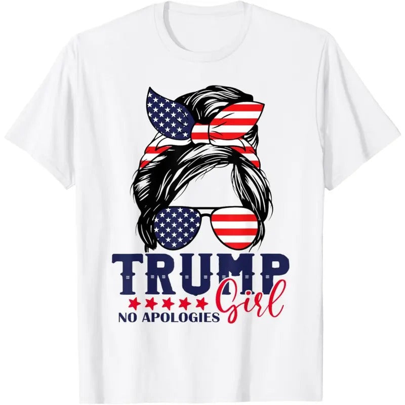 Trump Girl No Apologies Messy Bun Trump 2024 American Flag T-Shirt made in usa Hoodie, Sweatshirt | TeeBloomCo.com
