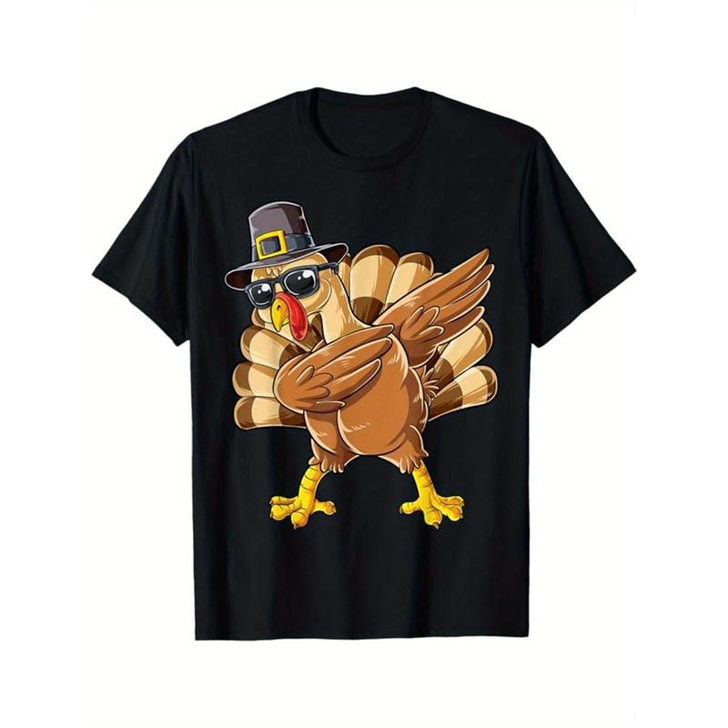 Turkey Print Men's Cotton Round Neck Print Tee, Short-Sleeve Comfy T-Shirt, Loose Casual Top, Men's Clothing Thanksgiving...