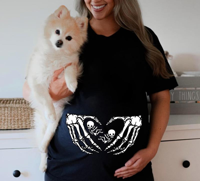 Twins Skeleton Halloween T-Shirt, Pregnancy Halloween Maternity Sweatshirt, Fall Mama To Be Shirt, Halloween Mama Shirt...