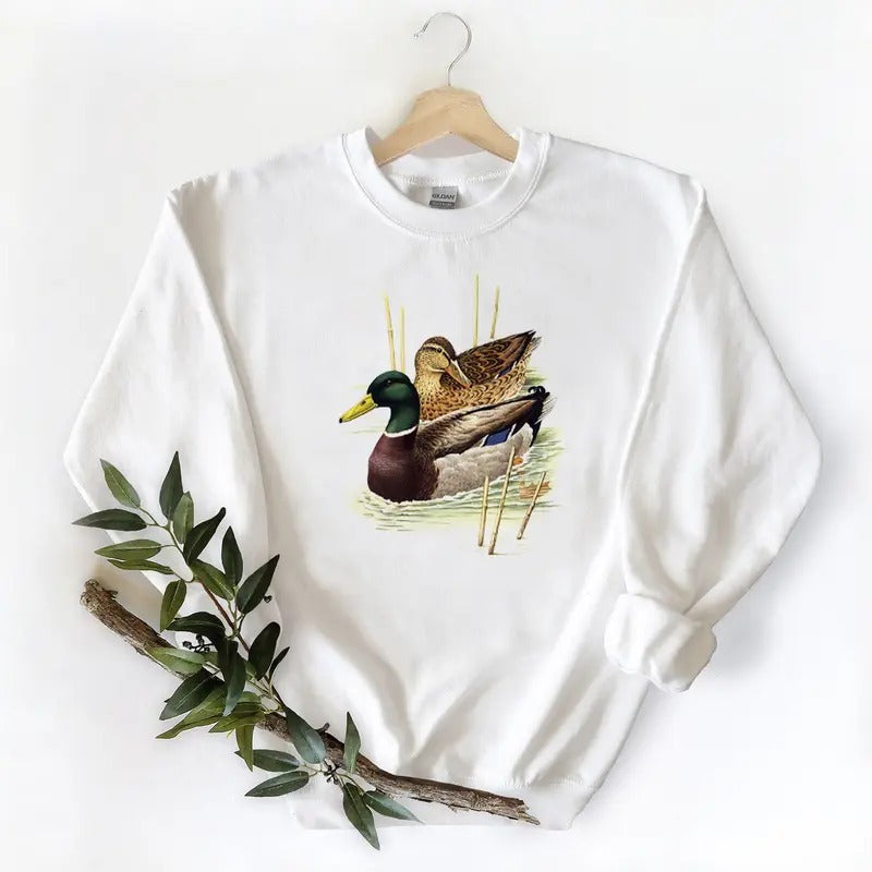 Two Mallard Duck on lake Wildlife Unisex Crewneck Sweatshirt Pullover, T-shirt, hoodie Cotton Hunting Season Fabric Menswear