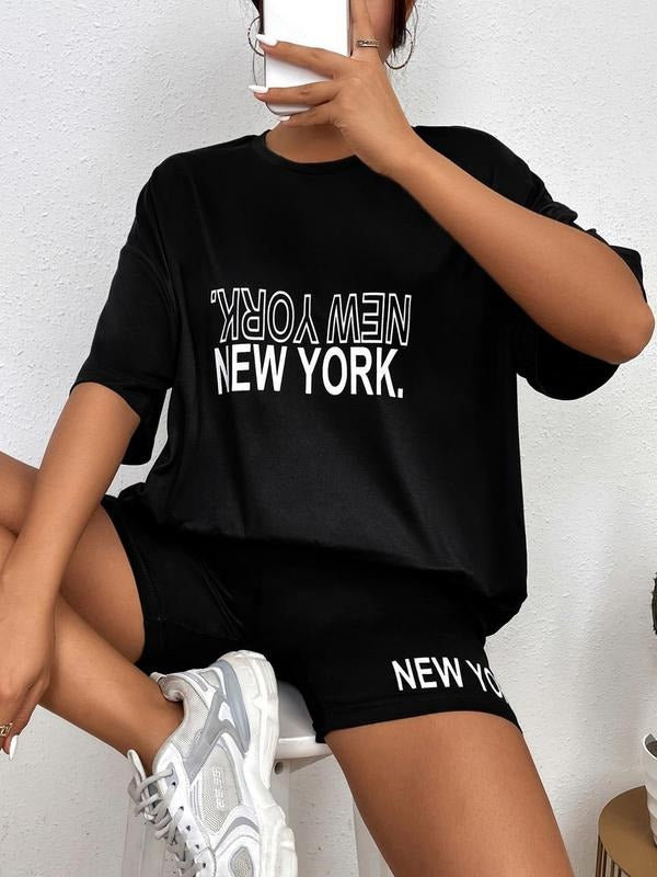 Two-piece Set Letter Print Drop Shoulder T-shirt & Biker Shorts, Summer Short Sleeve Crew Neck Tee and High Waist Shorts...