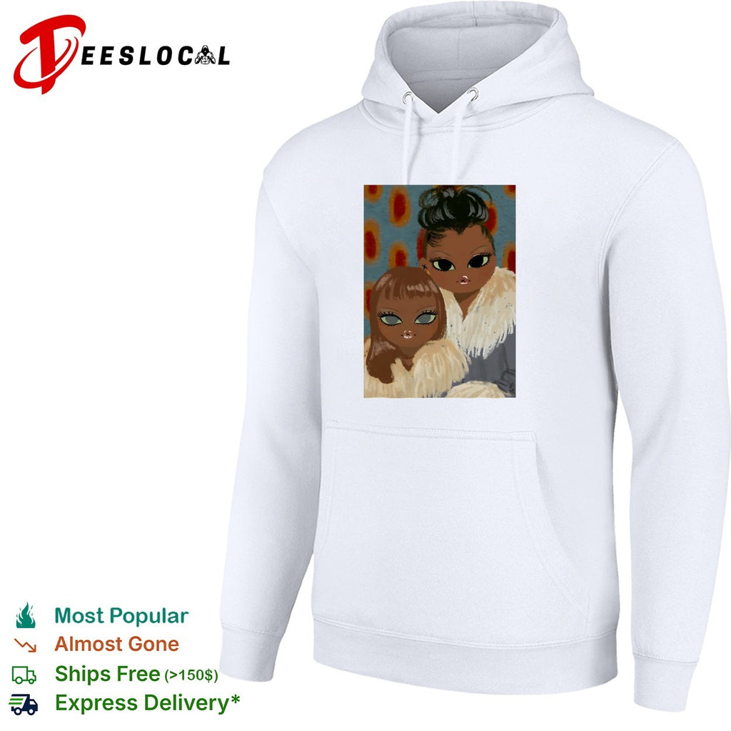 Two women portrait fur coats stylized illustration shirt
