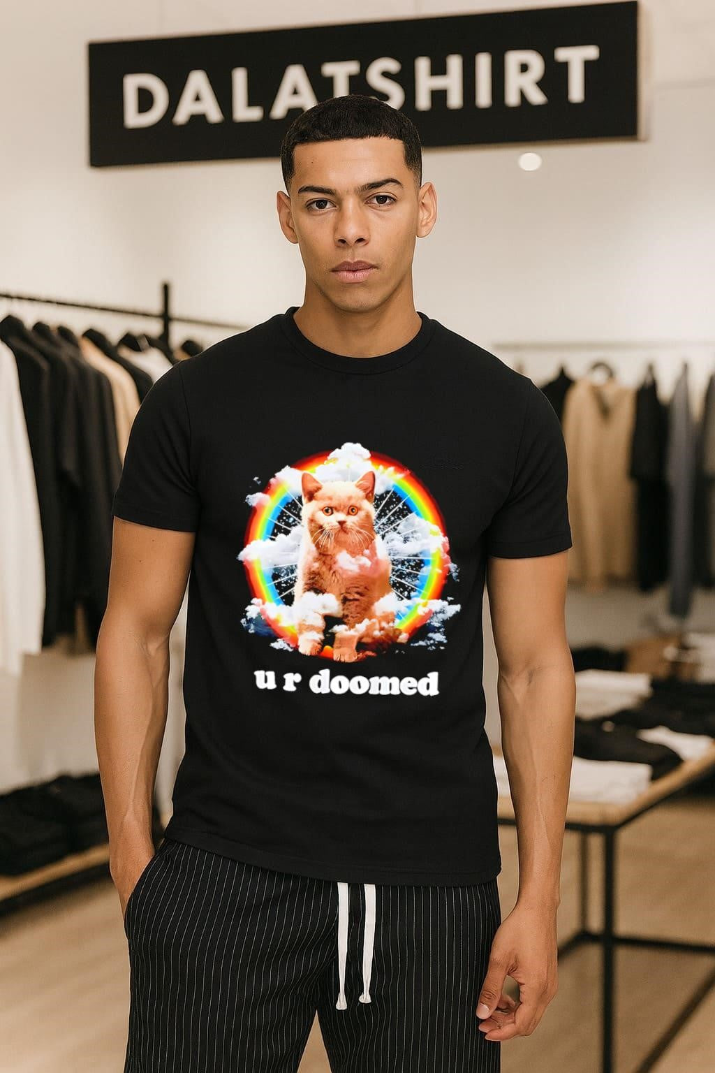 U R Doomed Cat In Clouds Rainbow Space shirt