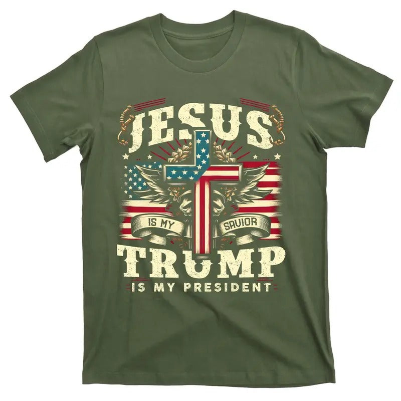 USA Christian Flag T-Shirt for Men Jesus Is My Savior Donald Trump Is My President USA Christian Flag T-Shirt Donald...