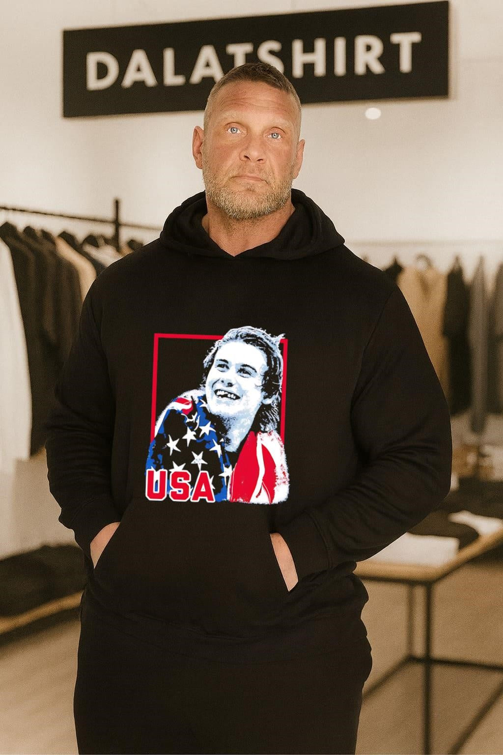 USA Flag Happy Athlete Portrait Red Frame Graphic shirt