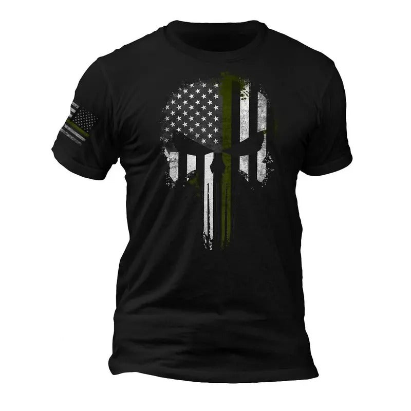USA Patriotic Army Military Thin Green Line Flag Skull - Sleeve Flag T-Shirt, 100% Ring-spun Combed Cotton, Crew Neck,...