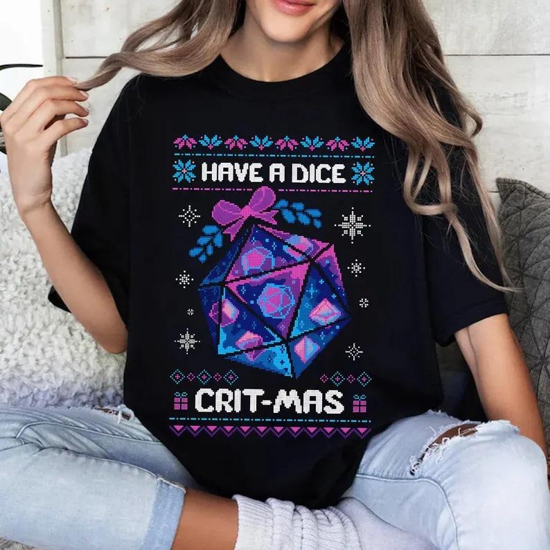 Ugly Christmas Shirt, D&D Fans Shirt, Retro Merry Critmas, D20 Dice Shirt, DnD Game Christmas Shirt, Polyhedral Dice,...