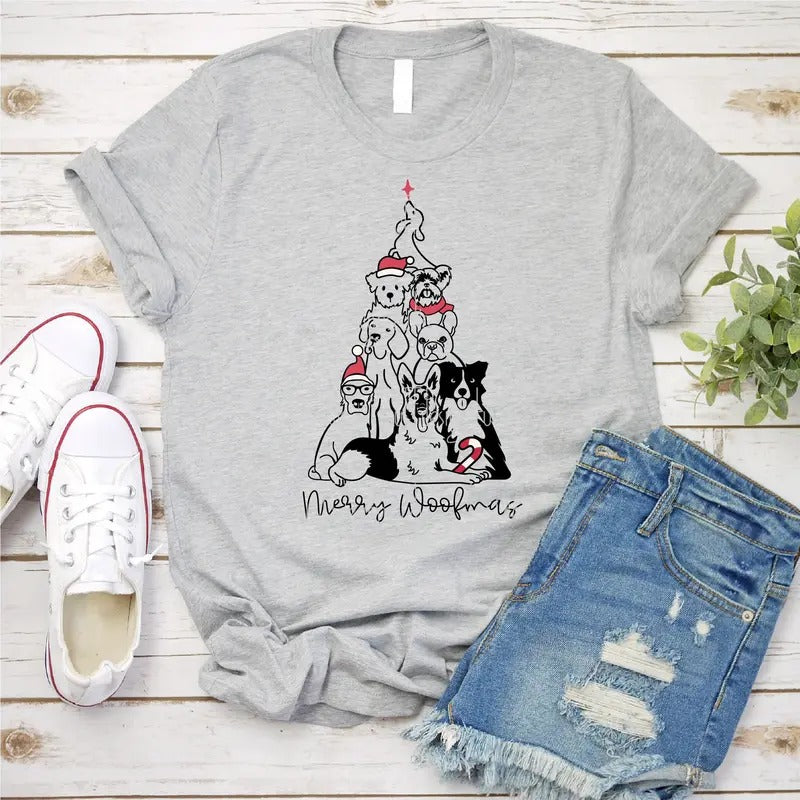 Unisex Christmas Dogs Tee - Merry Woofmas Cute Dog Christmas T-Shirt