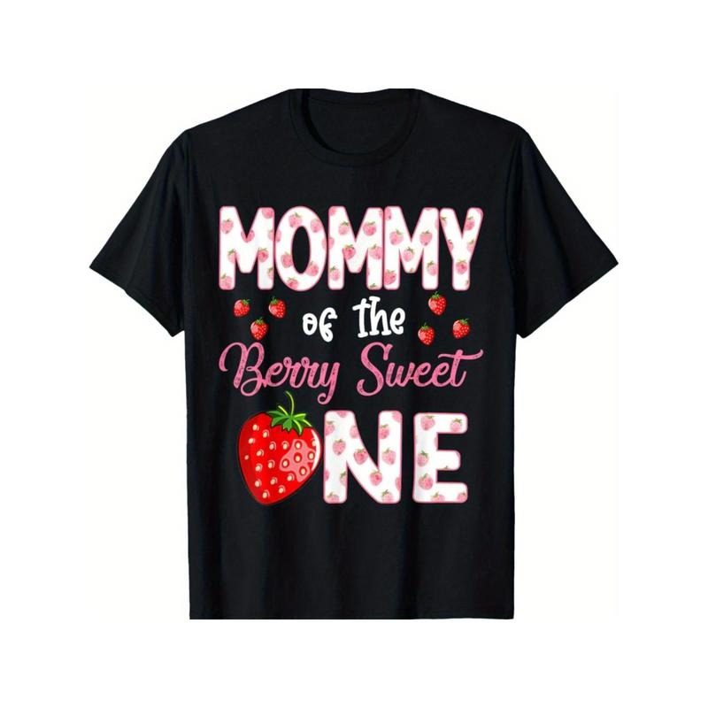 Unisex Cotton T-Shirt "Mommy of the Berry Sweet One" - Crew Neck, Geometric Pattern, Applique, Slight Stretch, Sports...
