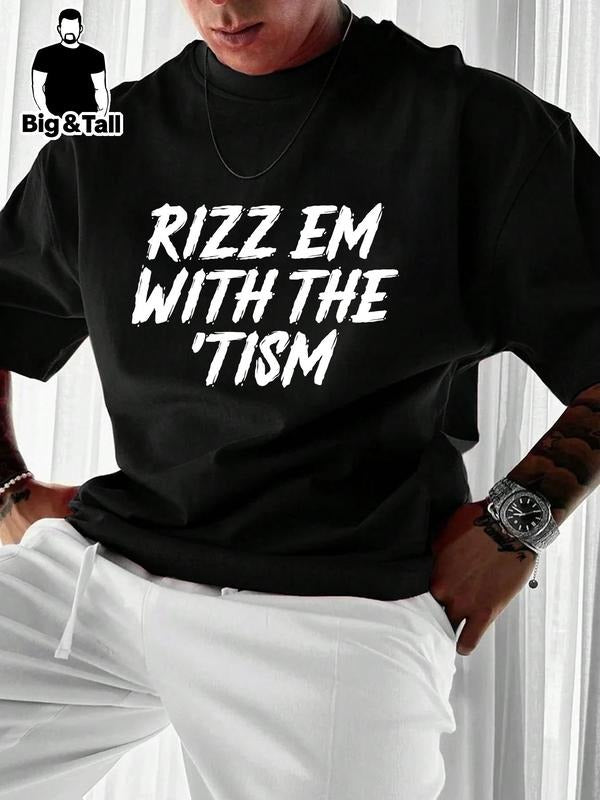 Unisex Men's Plus Size Letter Print Drop Shoulder Tee, Casual Short Sleeve Round Neck T-Shirt, Plus Size Clothing for...