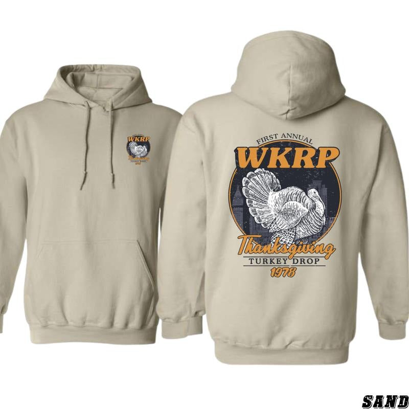 Unisex WKRP Thanksgiving Hoodie with Retro Turkey Drop Design - hoodies for men, Menswear, Sweatshirts T-Shirts