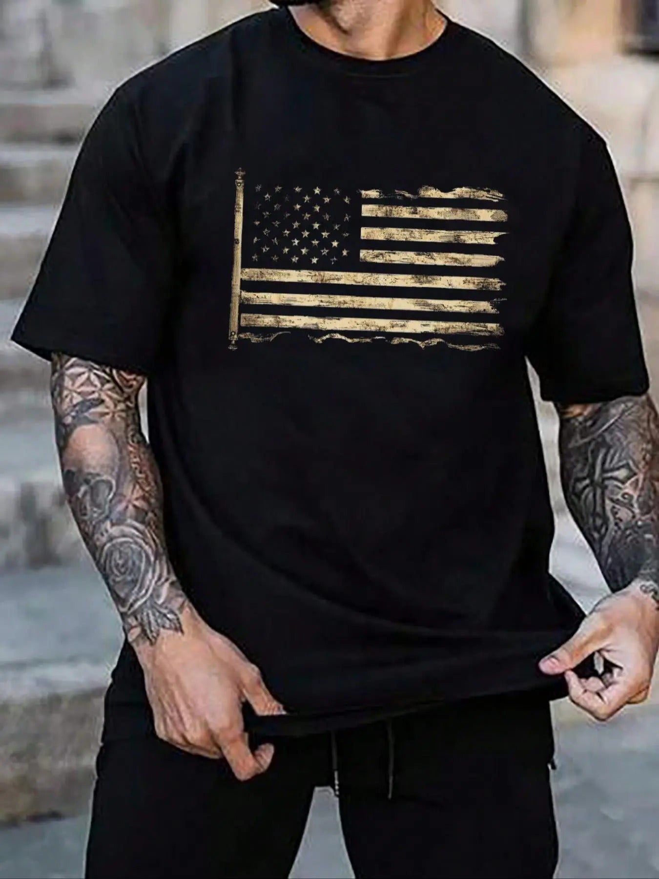 Unisex's American Flag Print Round Neck Graphic Tee, Regular Fit Casual Short Sleeve T-shirt for Daily Wear, Men's Top...