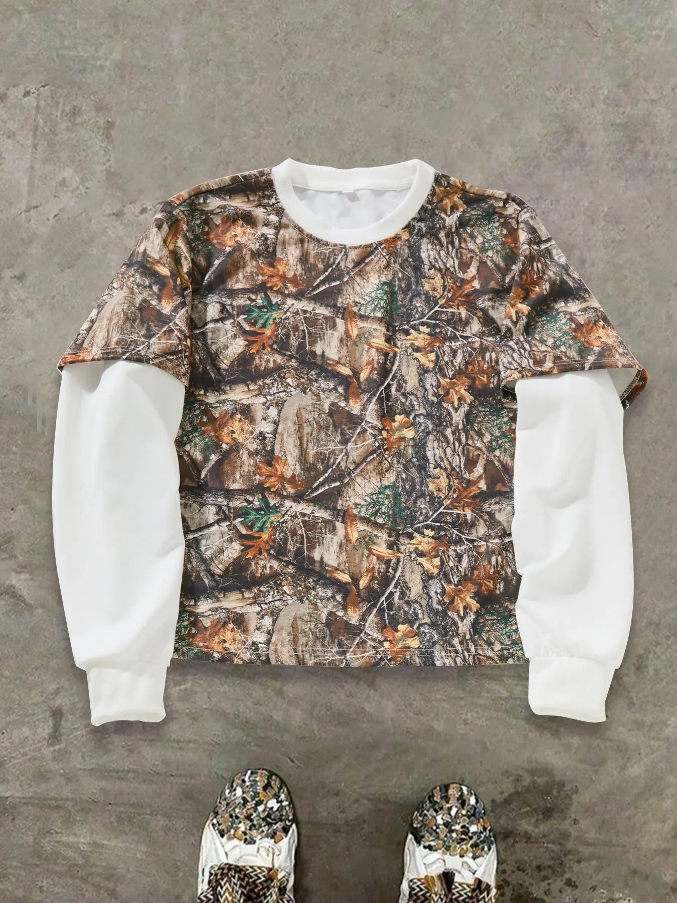 Unisex's Camo Print 2 in 1 Drop Shoulder Sweatshirt, Street Long Sleeve Round Neck Pullover for Spring & Fall, Fashion...