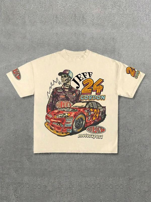 Unisex's Car Print Round Neck Tee, Regular Fit Casual Short Sleeve T-shirt for Daily Wear, Men's Top for All Seasons...