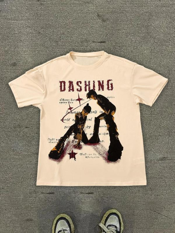 Unisex's Dashing Print Round Neck Graphic Tee, Street Fashion Casual Short Sleeve T-Shirt for Daily Wear, Unisex Top for...