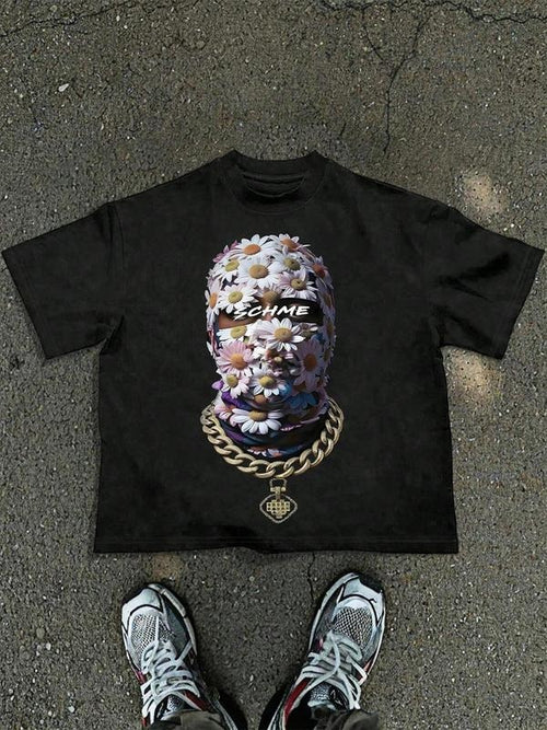 Unisex's Hip Hop Daisy Print Short Sleeve Graphic Tee, Regular Fit Casual Chain Print Crew Neck T-shirt for Summer,...