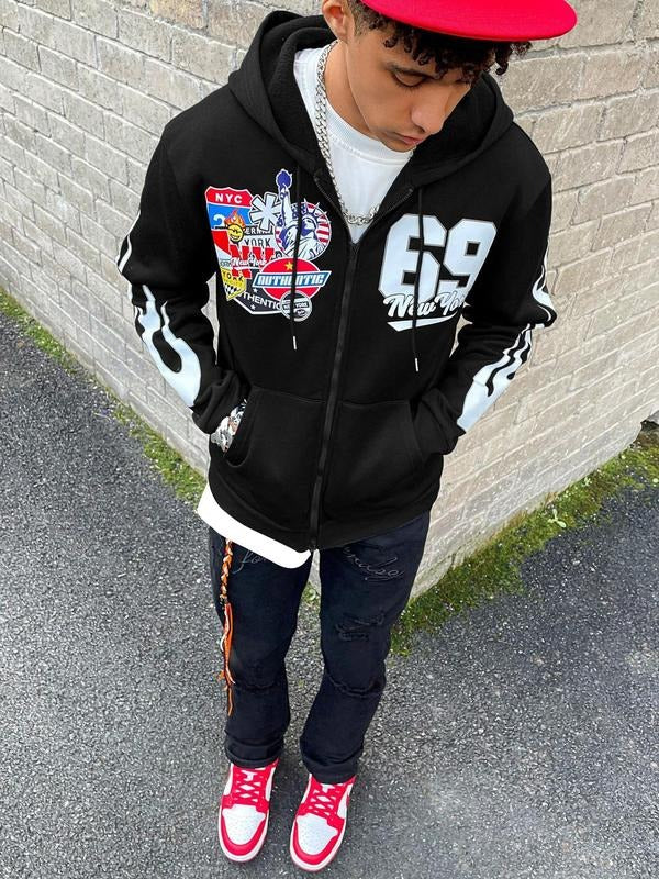 Unisex's Letter Print Drop Shoulder Zip Up Hoodie, Fashion Casual Regular Fit Drawstring Pocket Hooded Sweatshirt for...