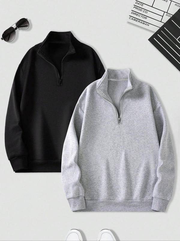 Unisex's Solid Drop Shoulder Half Zip Sweatshirt, Casual Regular Fit Long Sleeve Stand Collar Pullover for Fall & Winter,...