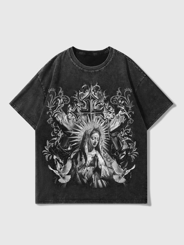 Unisex's Vintage Religious Print Short Sleeve T-shirt, Street Fashion Casual Comfy Washed Distressed Tee for Daily Wear,...