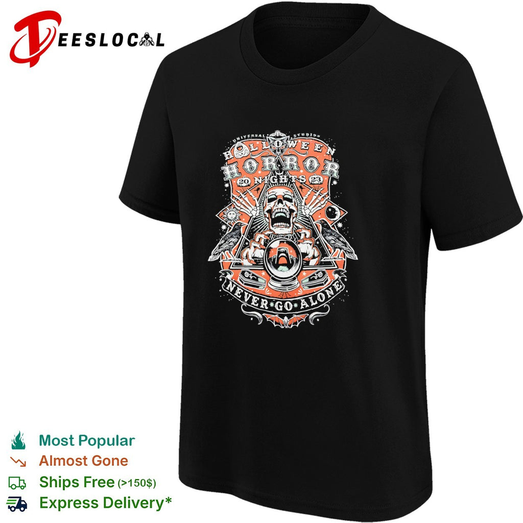 Universal Studios Halloween Horror Nights 20 23 Never Go Alone Skull Raven shirt
