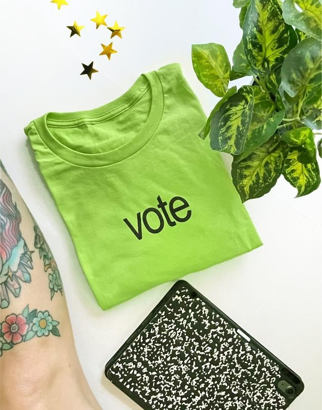 VOTE shirt on lime green unisex tshirt, brat inspired. Hoodie, Sweatshirt | TeeBloomCo.com