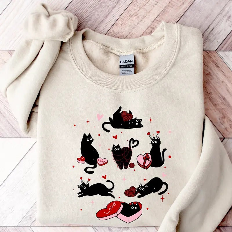 Valentine Black Cat Sweatshirt, Black Cat Love Shirt, Kitten Valentine Shirt, Cat Lover Gift, Cat Mom Sweater, Lover Gift...