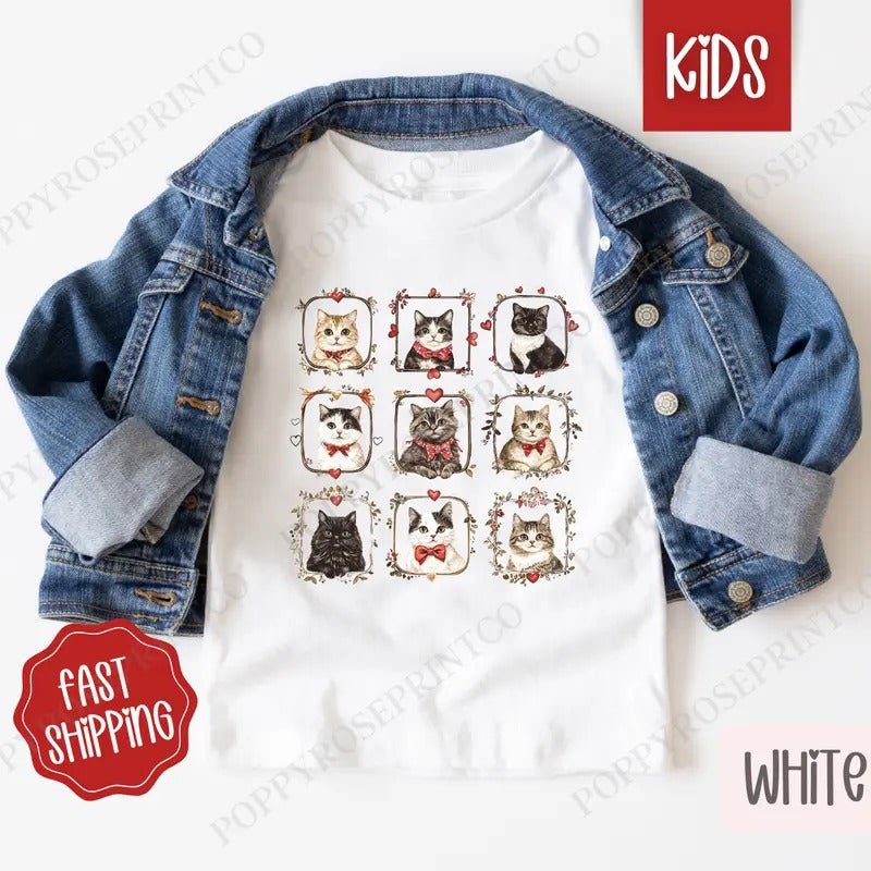 Valentine Cats Kids Shirt - Valentine's Day Children's Tshirt - Youth Cat Tee Gildan Hoodie, Sweatshirt | TeeBloomCo.com