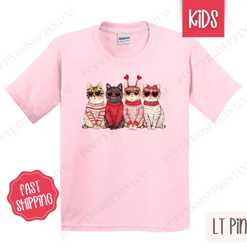 Valentine Cats Kids Shirt - Valentine's Day Children's Tshirt - Youth CatTee Gildan Hoodie, Sweatshirt | TeeBloomCo.com